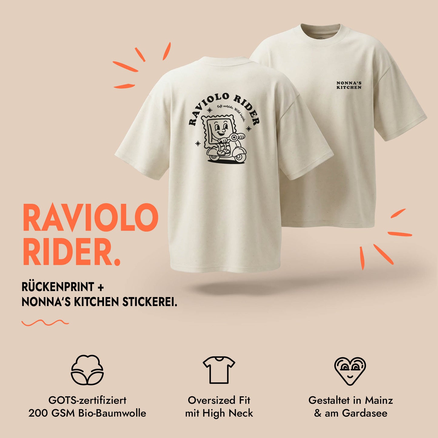 Unisex Oversized T-Shirt Raviolo Rider Rückenprint & Stick