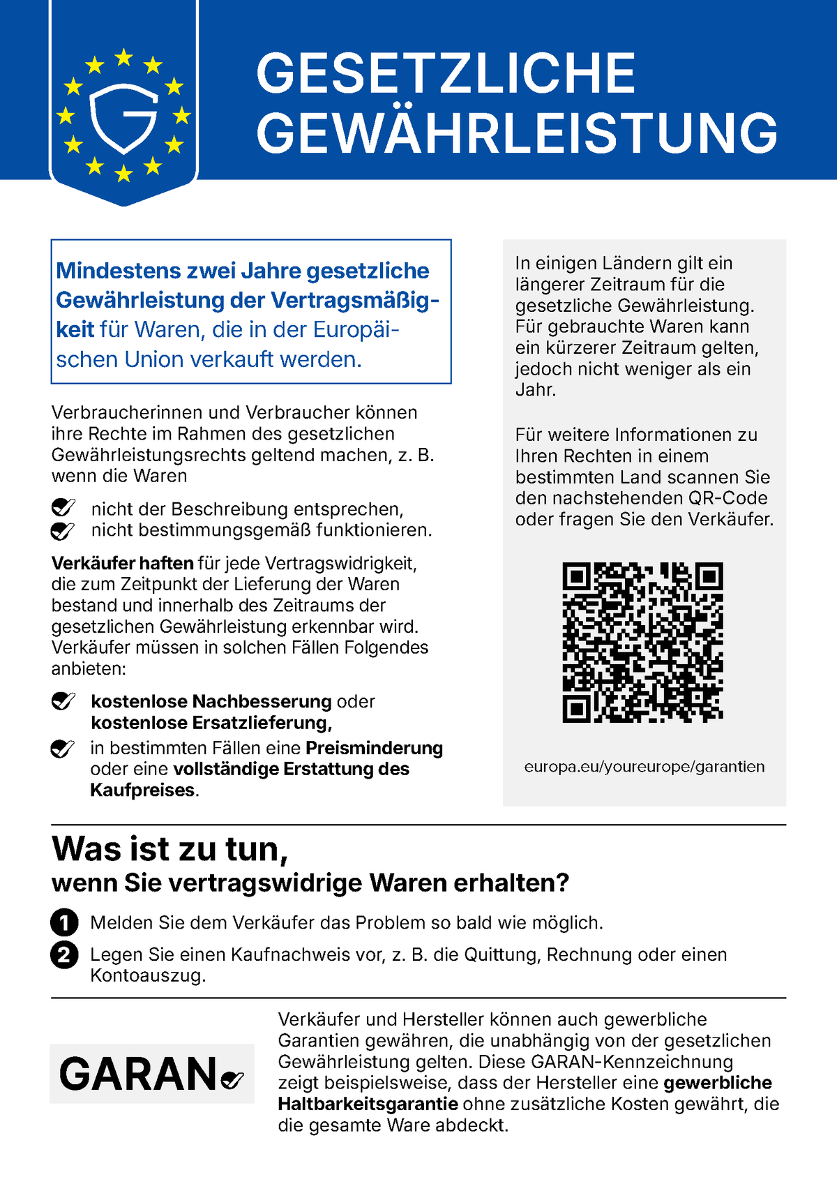 Gesetzliche Gewährleistung: mindestens zwei Jahre für Waren in der EU