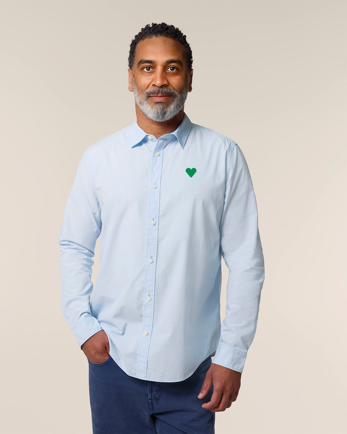 Men Shirt Green Heart Embroidery
