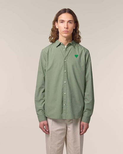 Men Shirt Green Heart Embroidery
