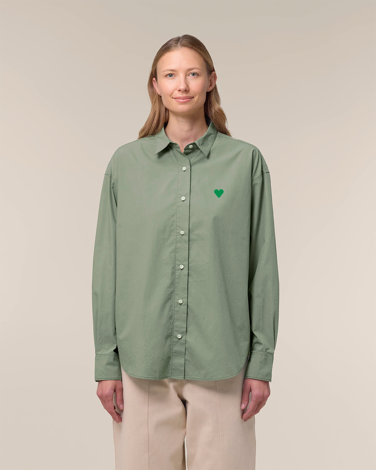 Woman Shirt Green Heart Embroidery