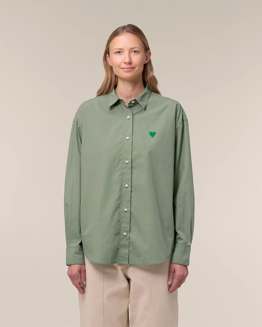 Woman Shirt Green Heart Embroidery